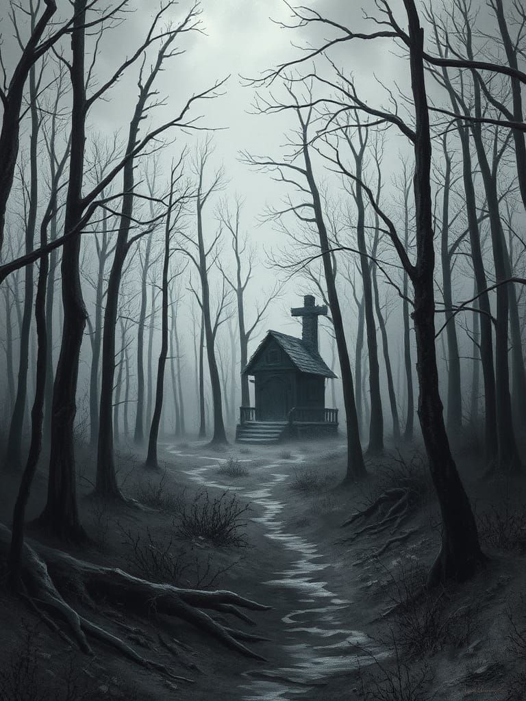 Gloomy Dead Forest with Witch Hut: Dark Fantasy Art