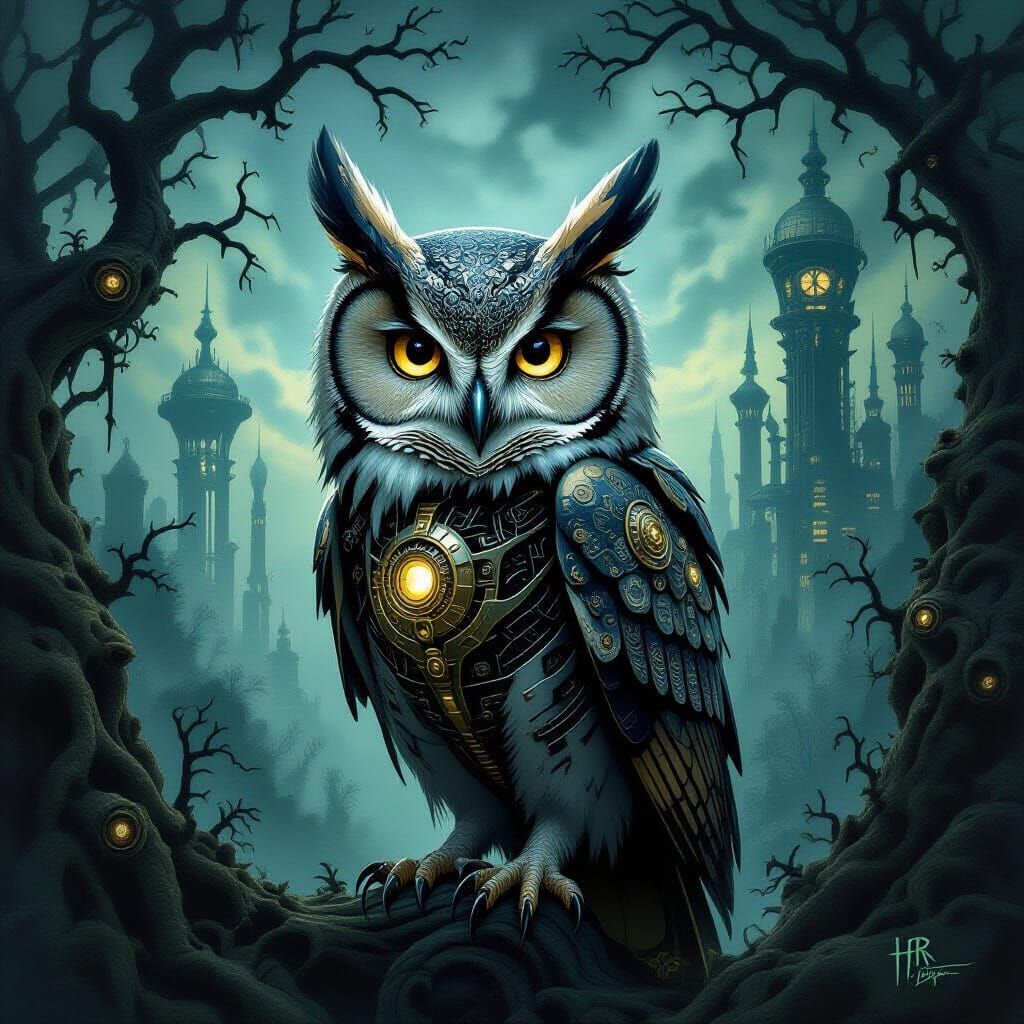 Steampunk Owl in Biomechanical Landscape