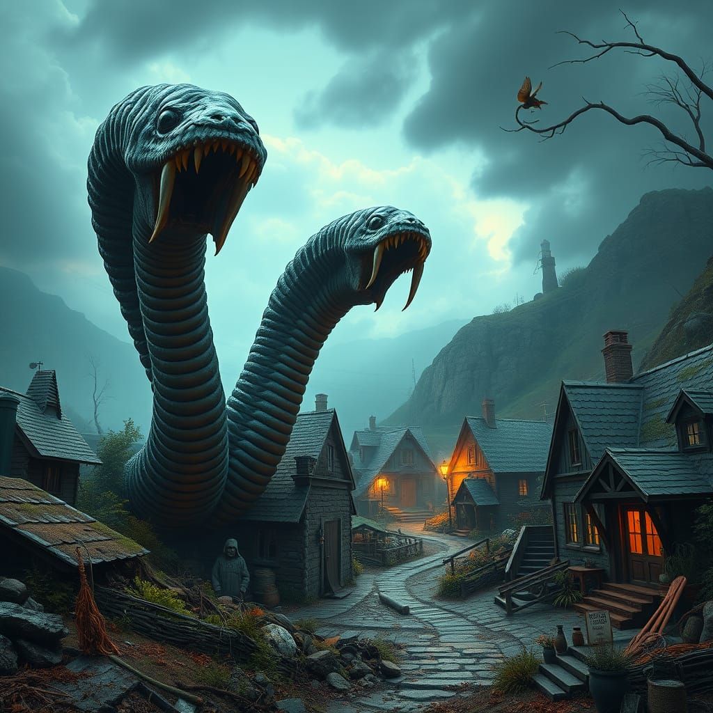Giant Worms Attack Small Town in Fantasy Concept Art