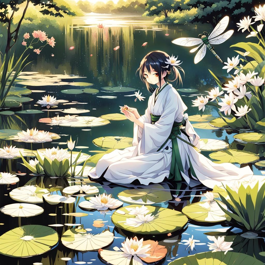 Girl with Lily Pads in Anime Style