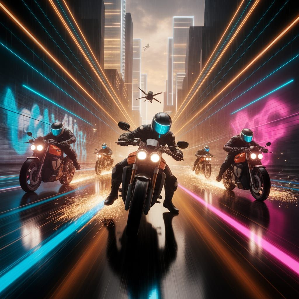 Cyberpunk Motorcycle Chase Through Neon Megacity