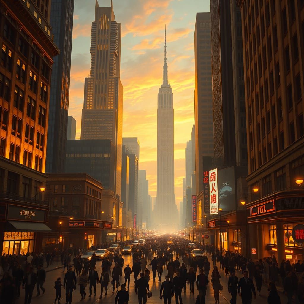 Humans Amidst Colossal Art Deco Skyscrapers in Twilight