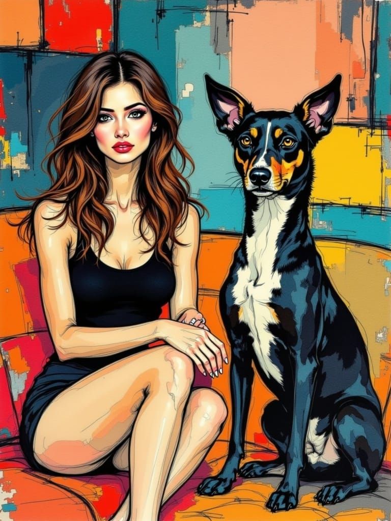 Cubist Woman and Dog in Vibrant Abstract Background