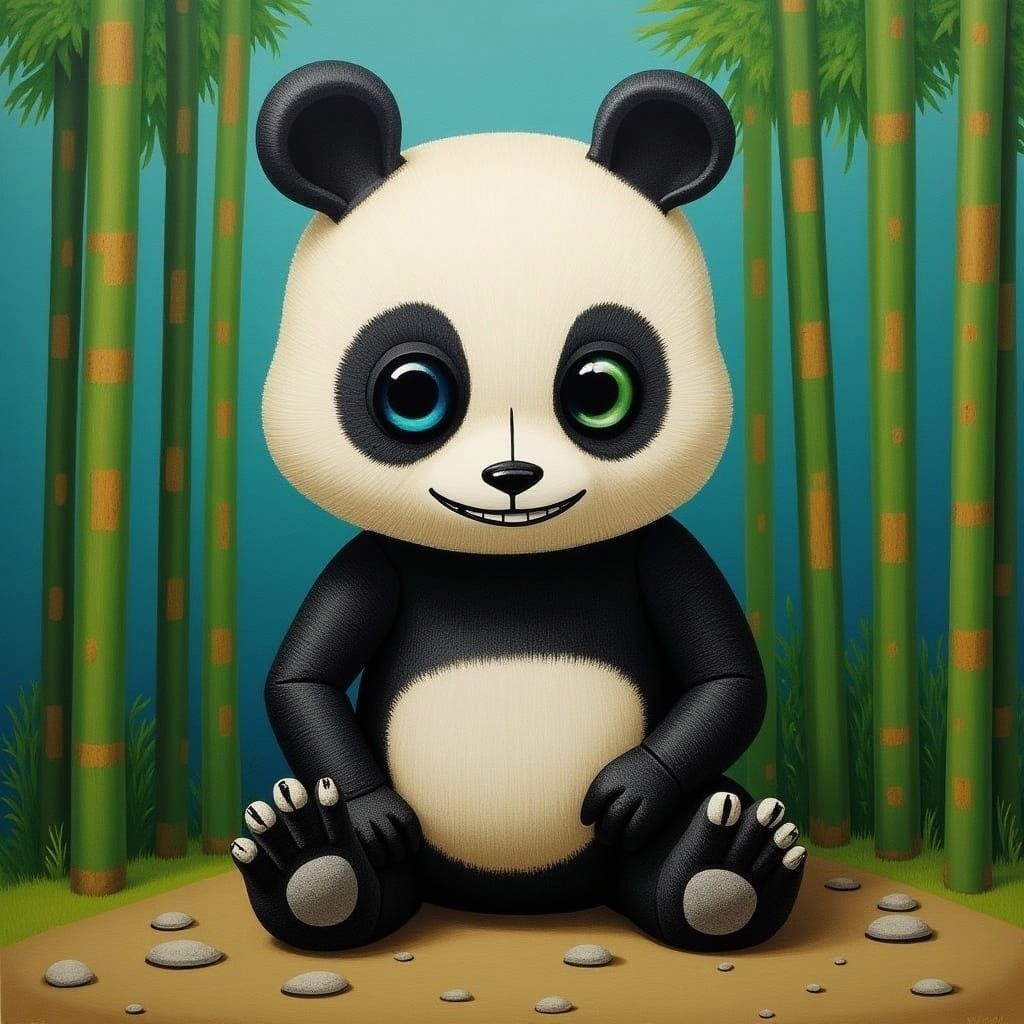 Panda in Bamboo Forest, Art Brut Style