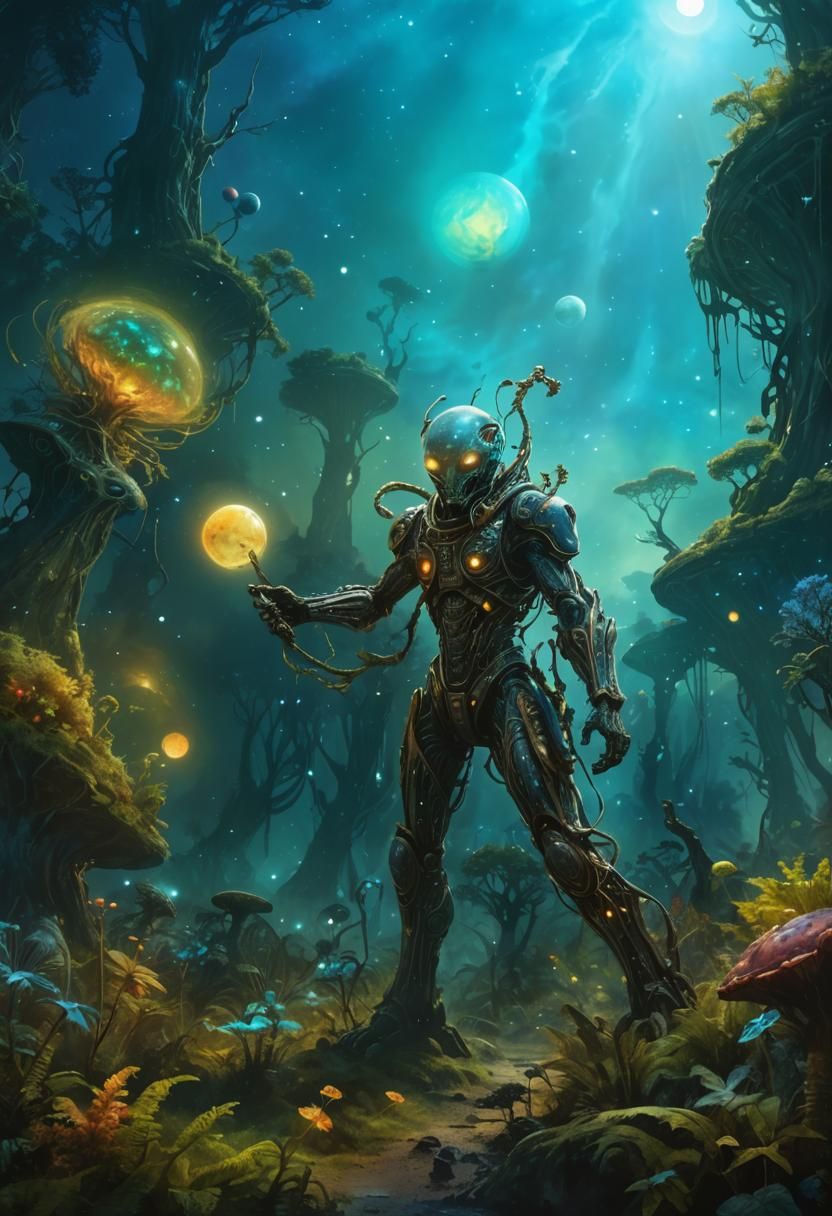 Alien in Bioluminescent Forest: Watercolor Splash Art