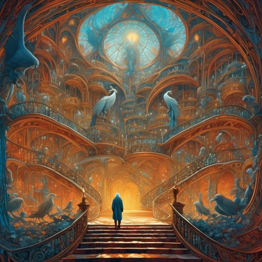 Man Leads to Giant Bird Room in Cubist Style