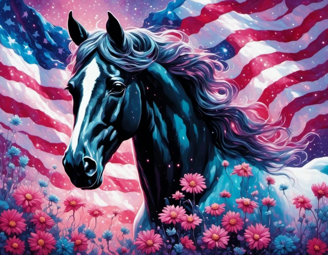 Paint Horse with Daisies and American Flag