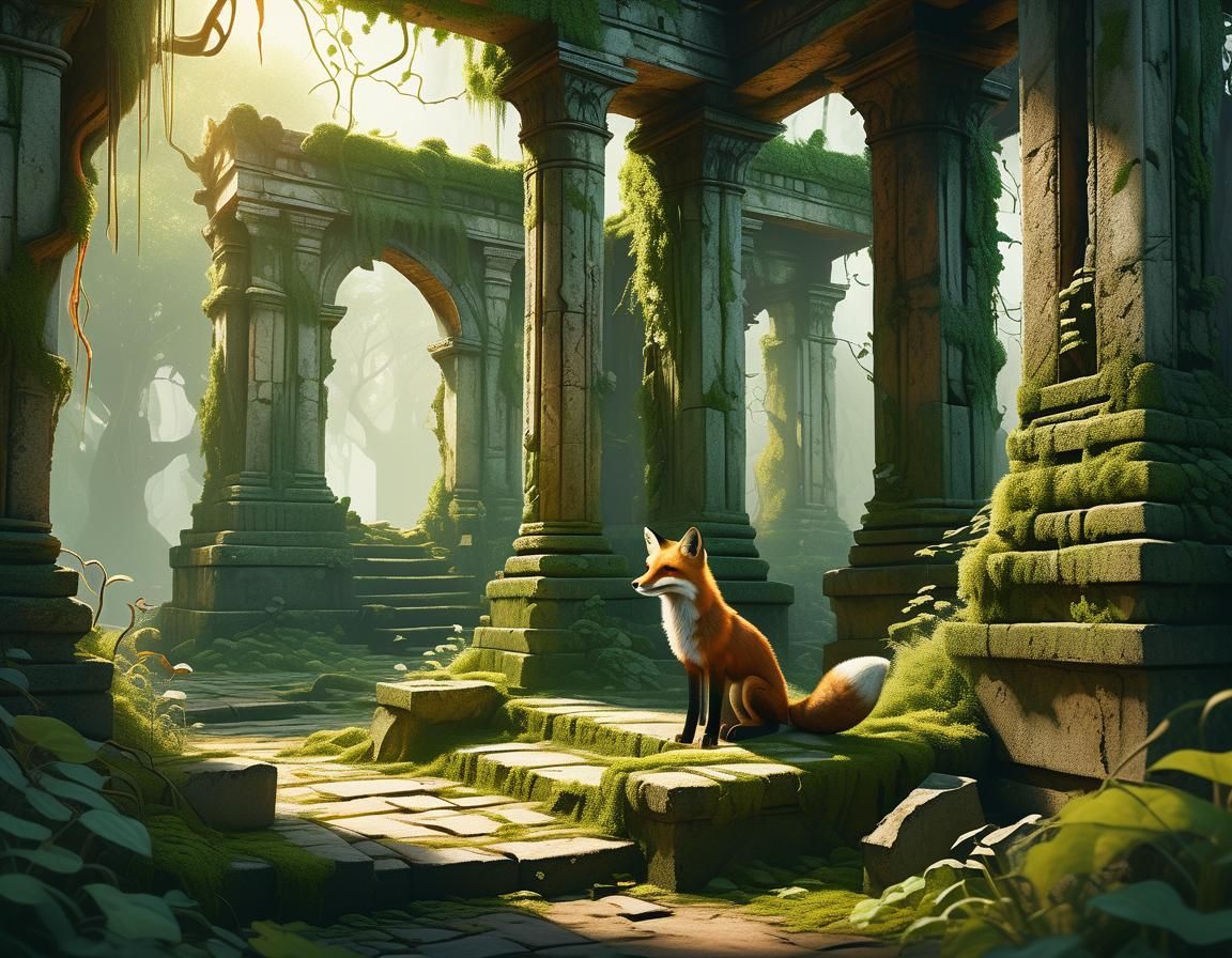 Fox in Overgrown Ruins: A Whimsical Oil Painting