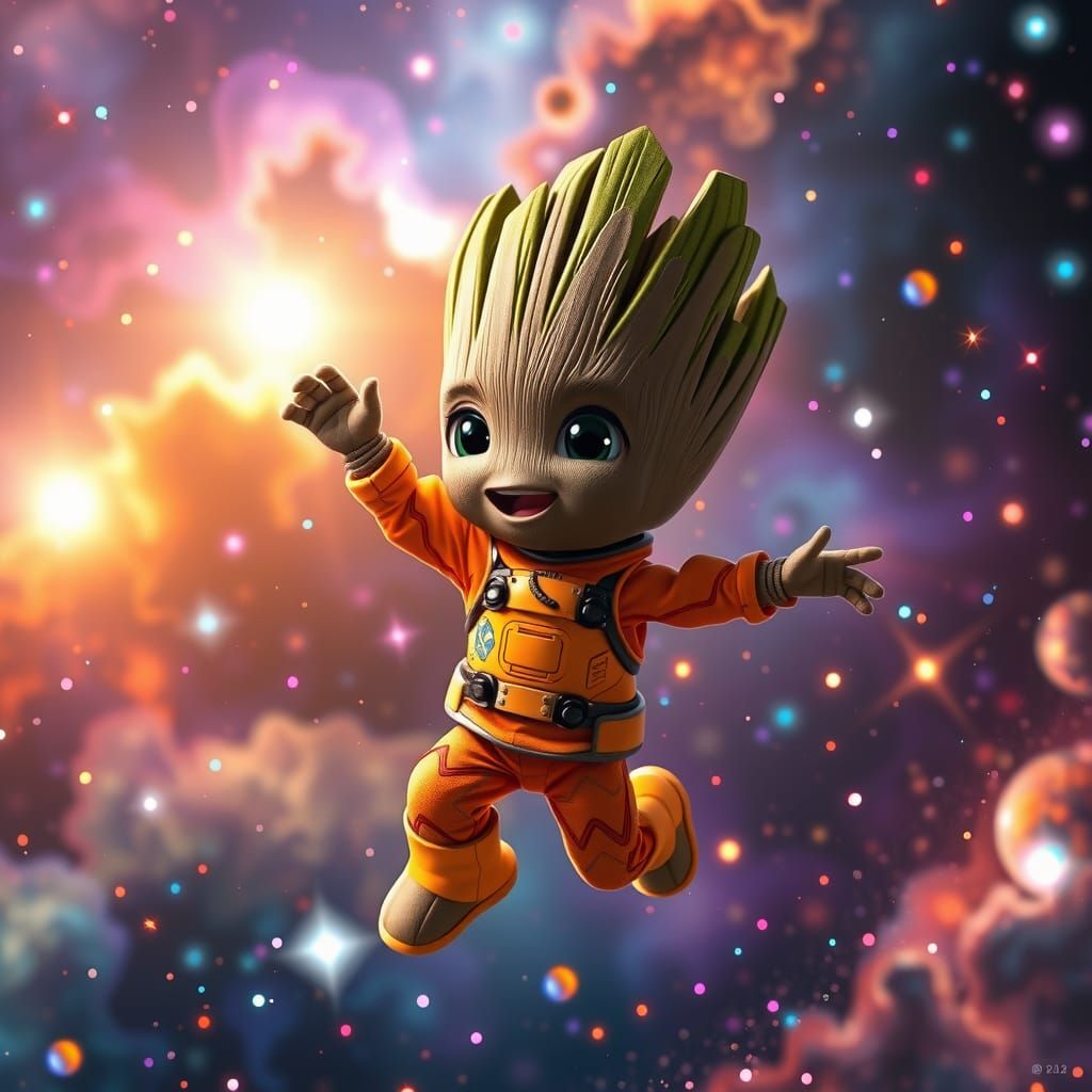 Vibrant Baby Groot in Hyperrealistic Space Suit