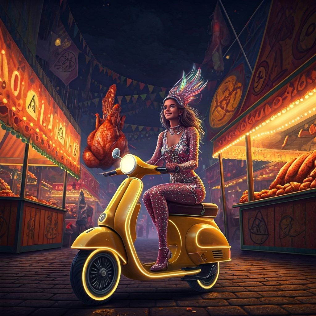 Surreal Nighttime Carnival Scooter Race in Digital Art Style