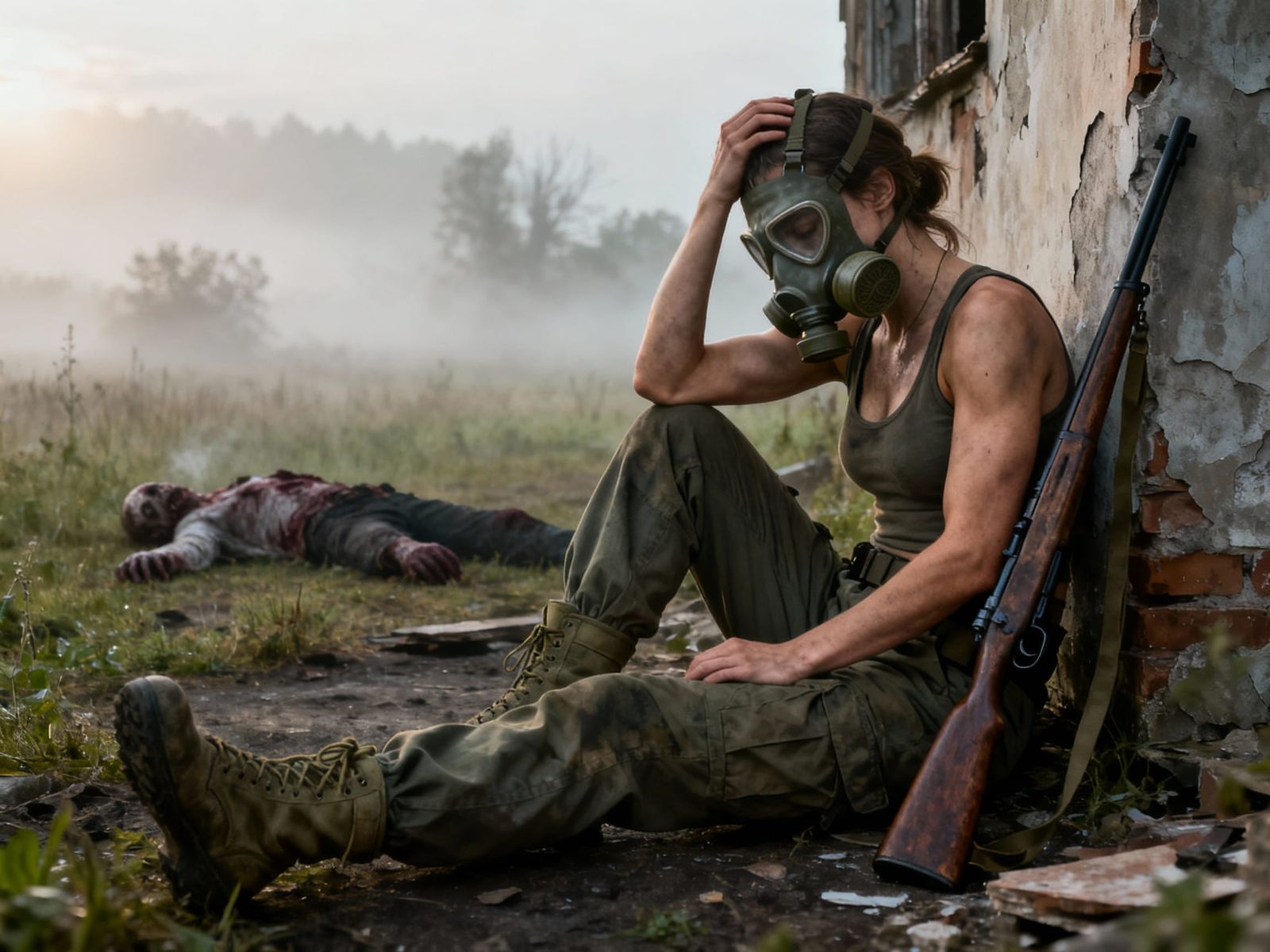 Exhausted Woman in Gas Mask Holds Rifle in Misty Eastern Eur...