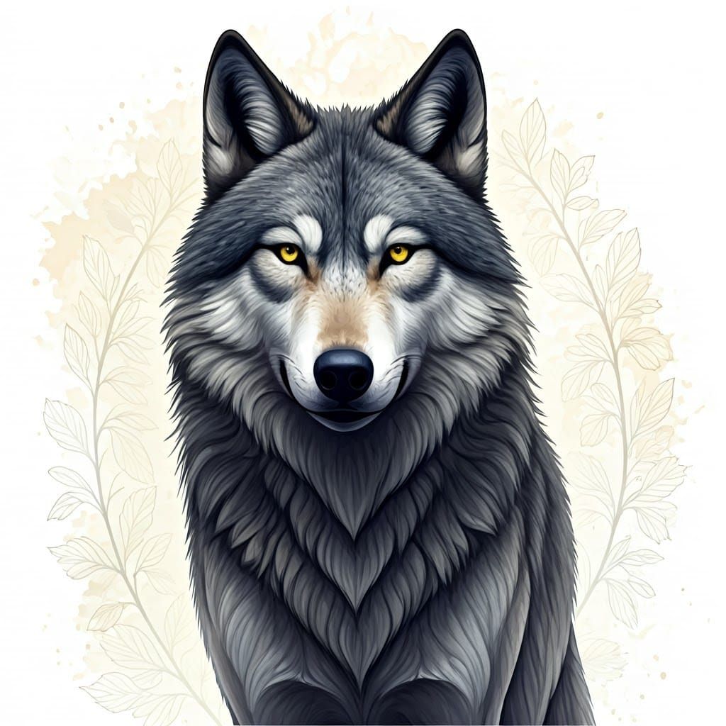 Majestic Gray Wolf in Whimsical Watercolor Wonderland
