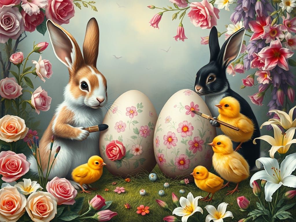 Easter Bunnies Painting Eggs in Whimsical Floral Landscape