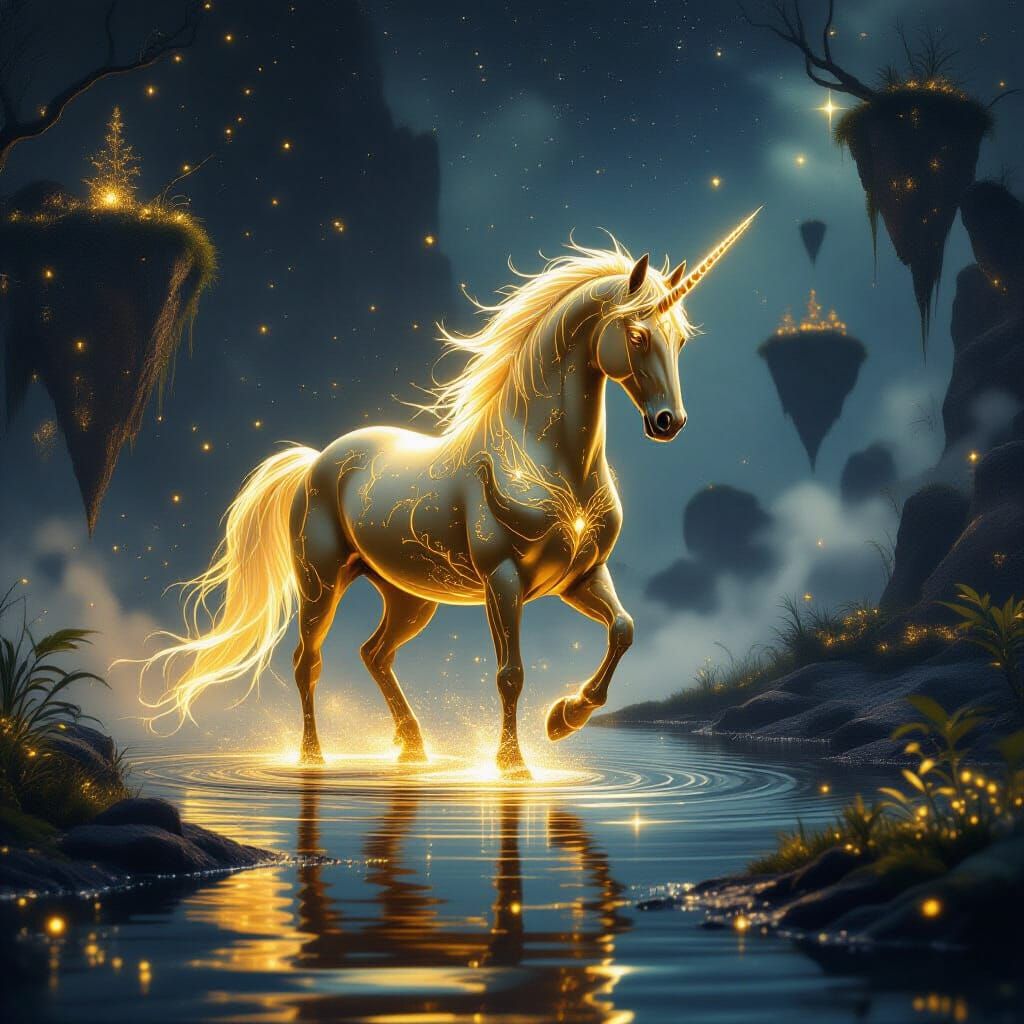 Majestic Liquid Gold Horse in Mystical Fantasy Landscape