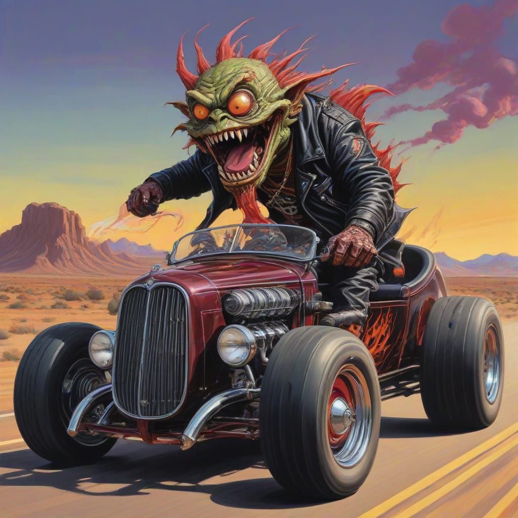 Lowbrow Art Illustration of Ratfink Monster in Cherry-Red Ho...