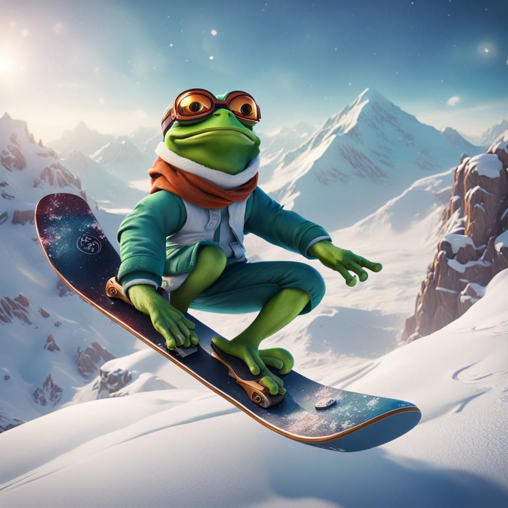 Pepe Frog Snowboarding in Detailed Matte Painting