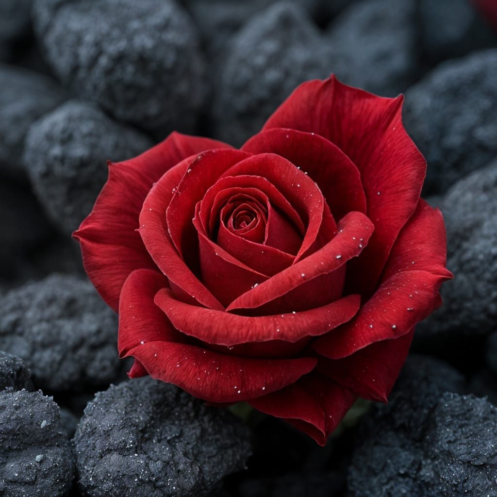 Fiery Crimson Rose with Candlelit Petals in a Gray Ash Lands...