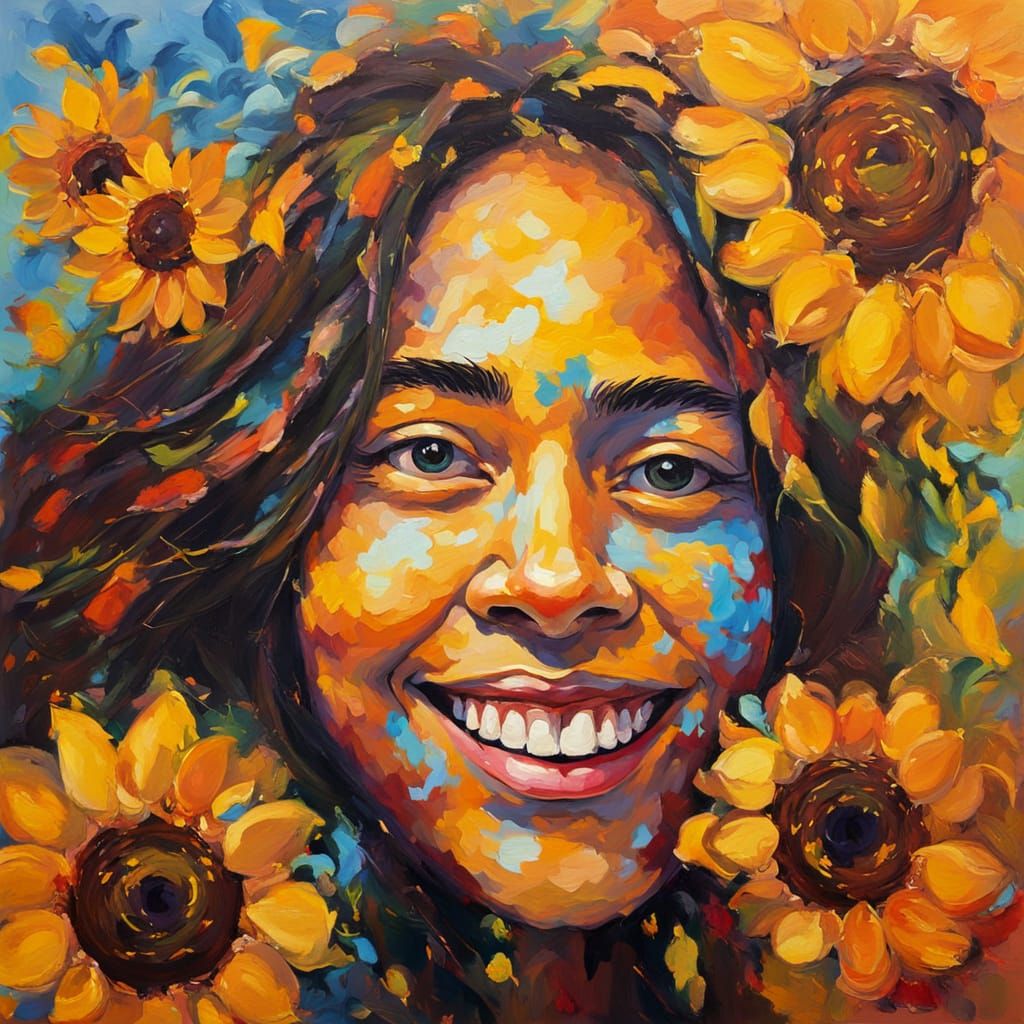 Smiling Face in Fauvist Oil Painting with Sunflowers