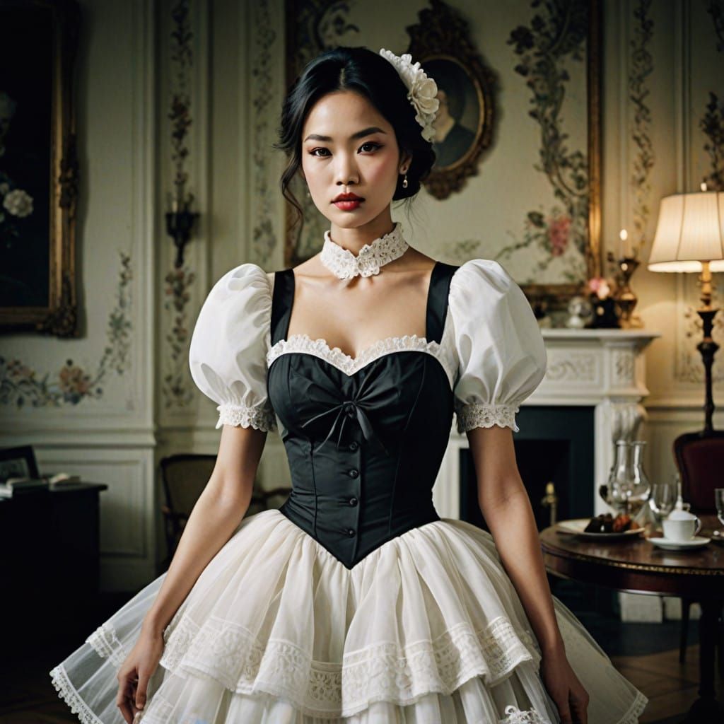 Sculpted Vietnamese Beauty in Elegant Maid Attire