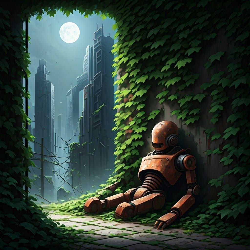 Futuristic City Reclaimed by Nature in Industrial Style