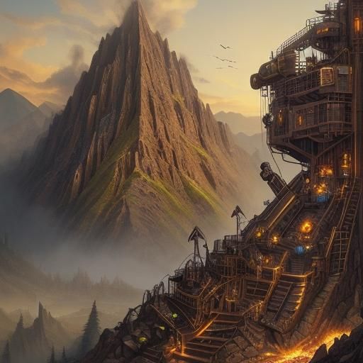 Steampunk Robots Mining a Mountain Landscape