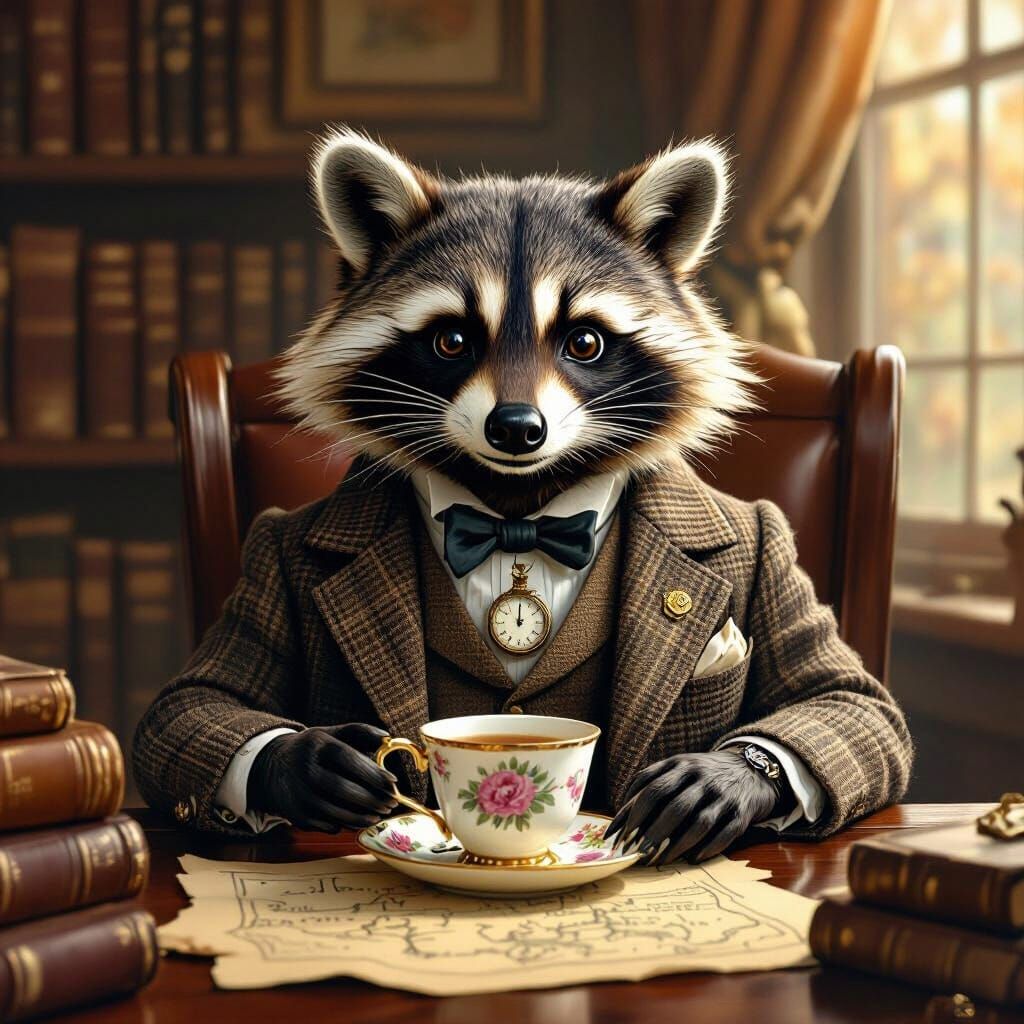 Raccoon Gentleman Enjoying Tea, Whimsical Illustration