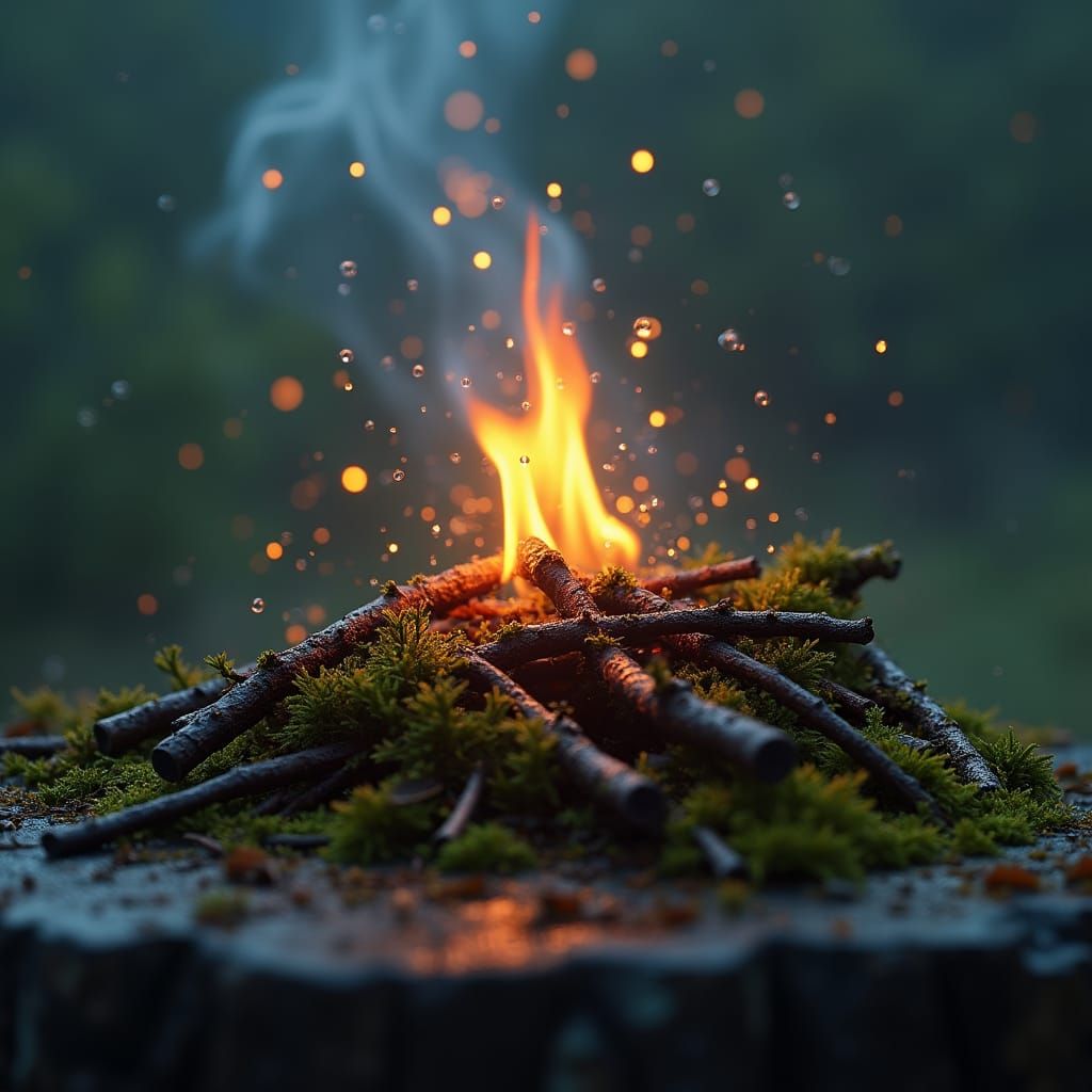 Struggling Flame in Mystical Rainy Landscape