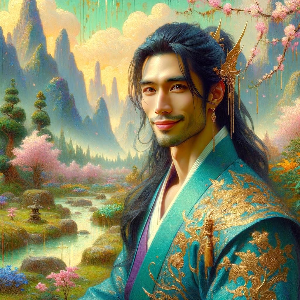 Surreal Oil Painting of Handsome Asian Gentleman in Traditio...