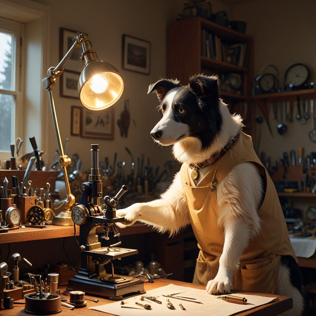 Border-Collie Watchmaker at Work in a Vintage-Inspired Works...