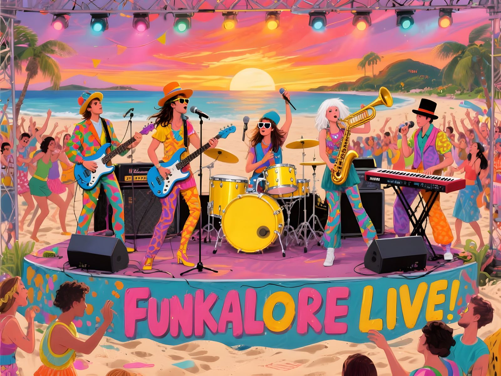 Funky Retro Band Plays Beach Party on Remote Island