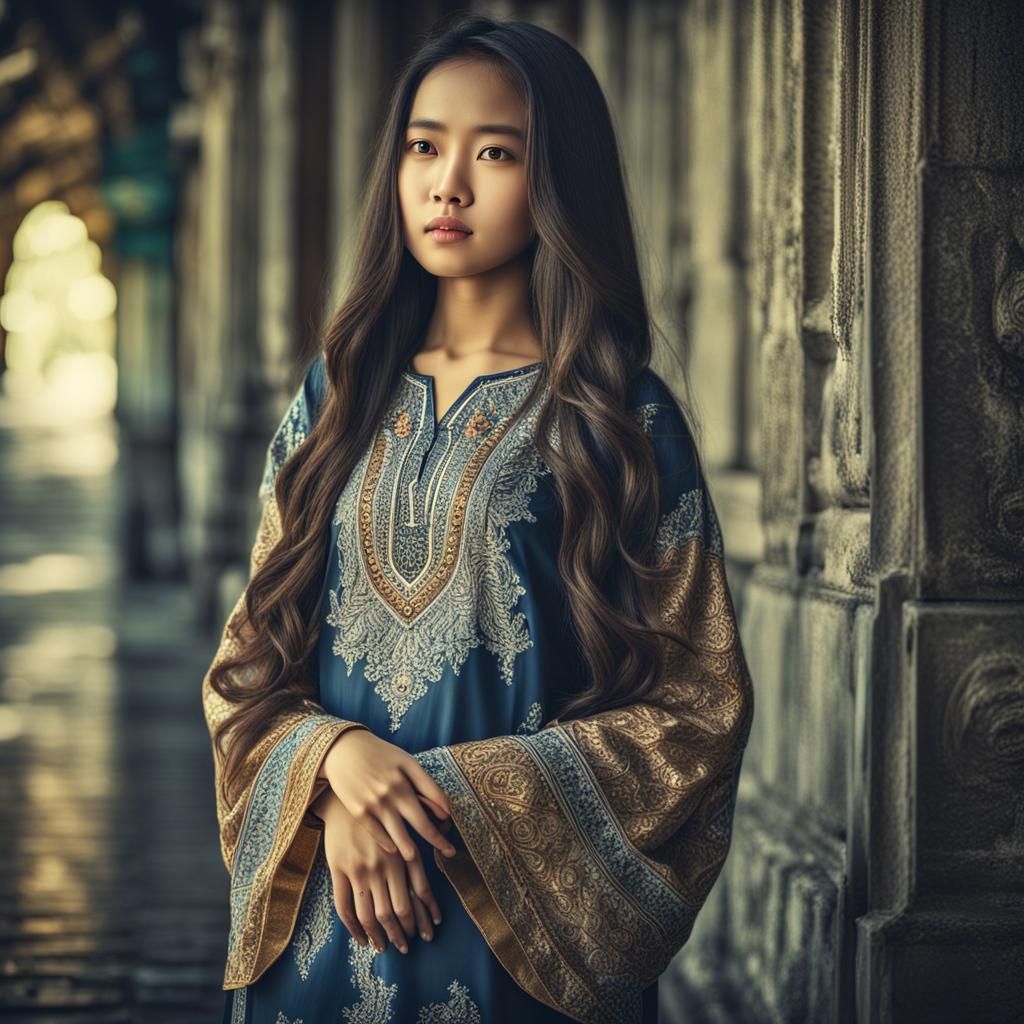 Beautiful Eurasian Woman in Baju Kurung Dress Portrait