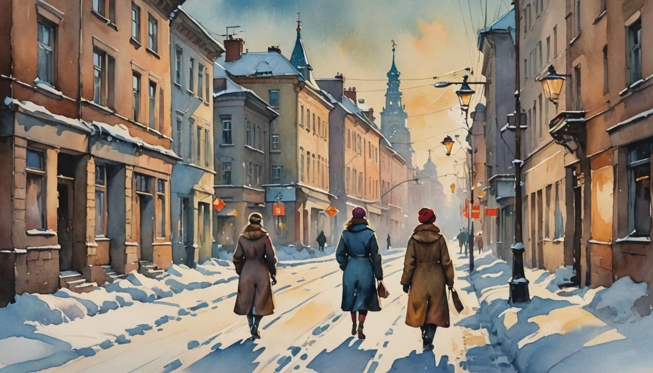 Snowy Russian Cityscape in Watercolor Style