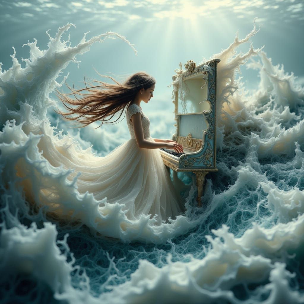 Ethereal Woman Plays Ocean Piano in Surreal Dreamscape