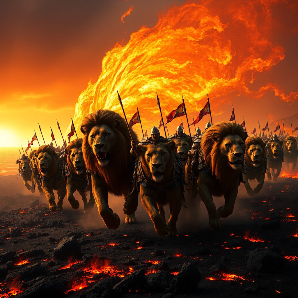 Lions and Riders Clash with Fire Giant
