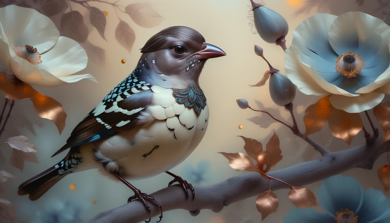Spangled Cotinga Among Blue Poppies in Sunlight