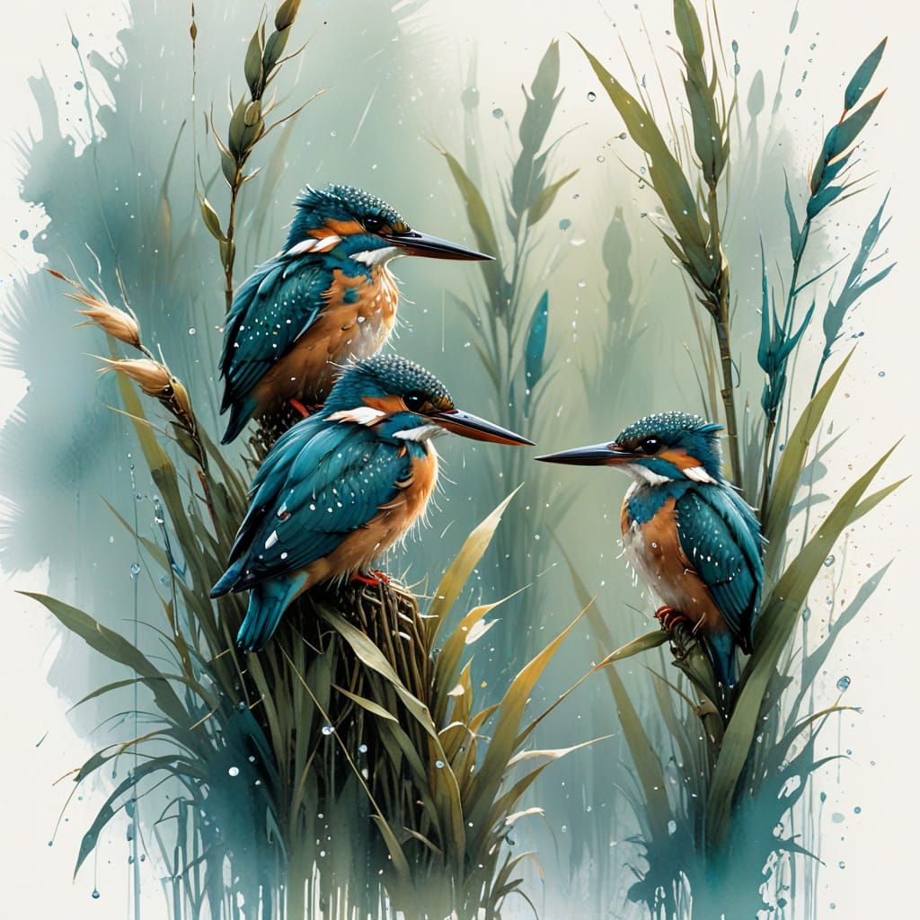 Kingfisher Nestlings on Rain-Drenched Reeds in Teal Wash