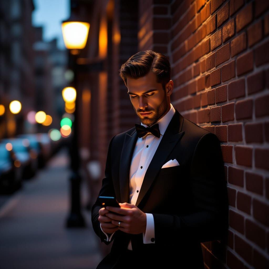 Handsome Man in Tuxedo Illuminated by Phone