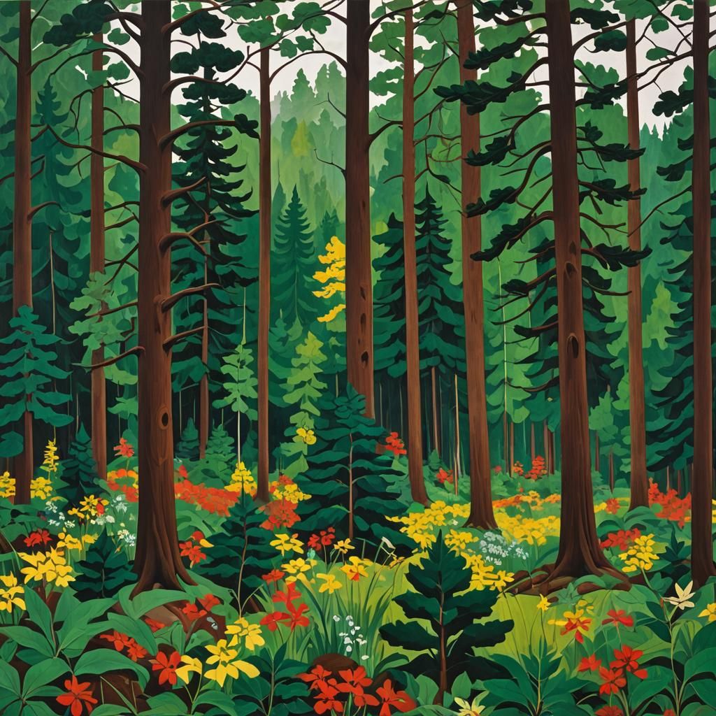 Meadow in Mountain Forest: Jacob Lawrence Style