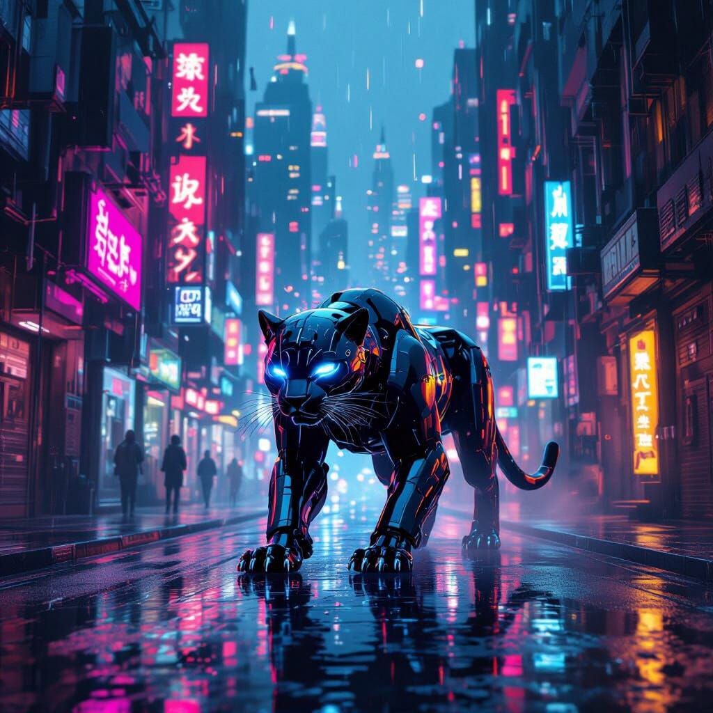 Cyberpunk Robotic Panther in Neon Alleyway