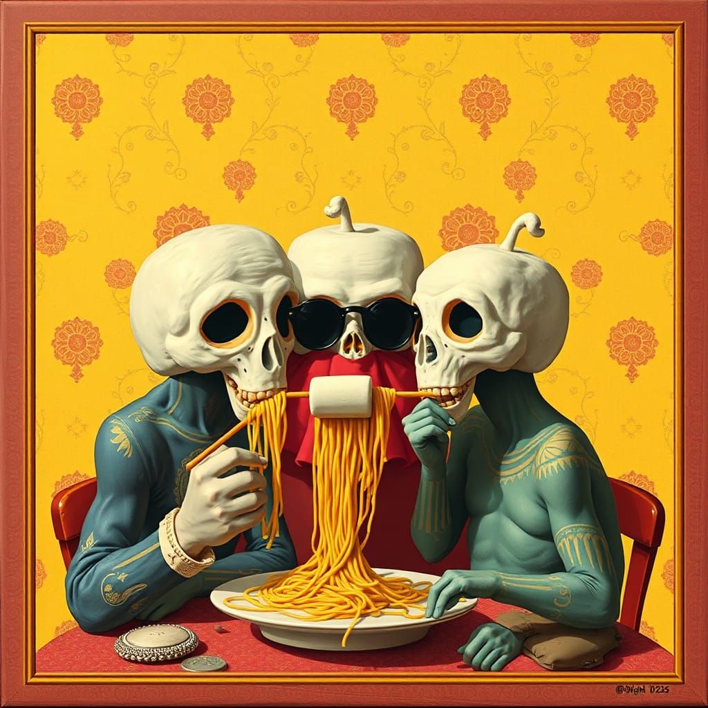 Surreal Creatures Eating Spaghetti in Mixed Art Styles