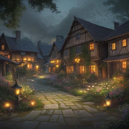 Hyperrealistic Village Garden at Dusk in Splash Art Style