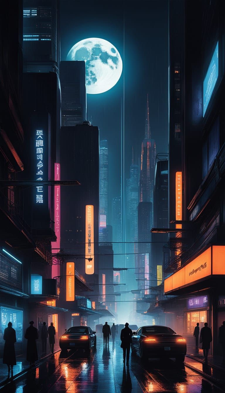 Cyberpunk Cityscape at Night, Inspired by Syd Mead's Futuris...
