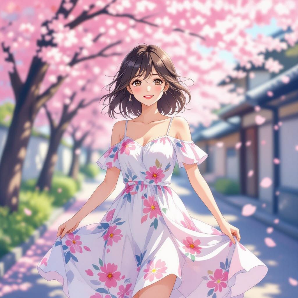 Dreamy Anime Girl Under Cherry Blossoms