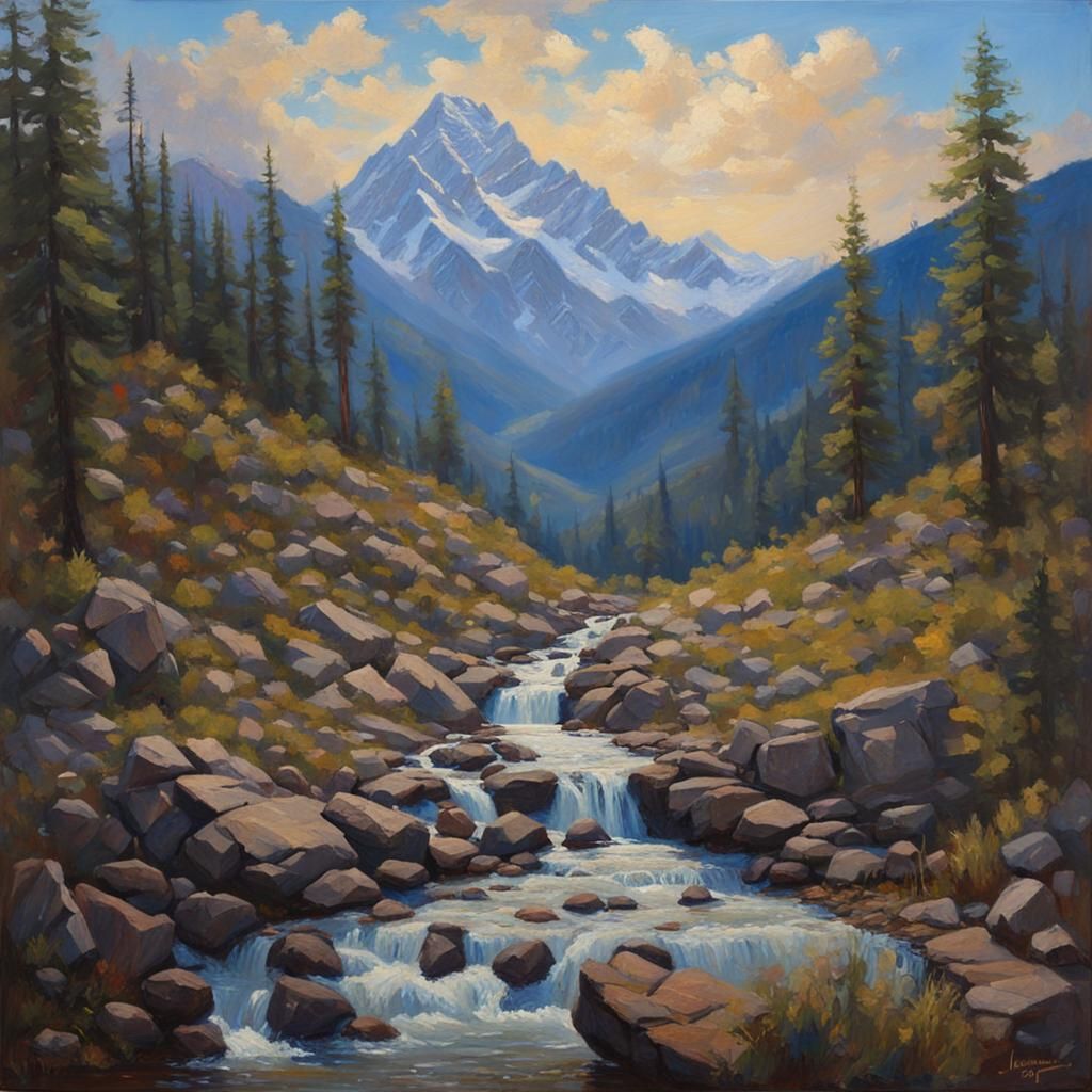 Mountain Climber Reaches River, Oil Painting