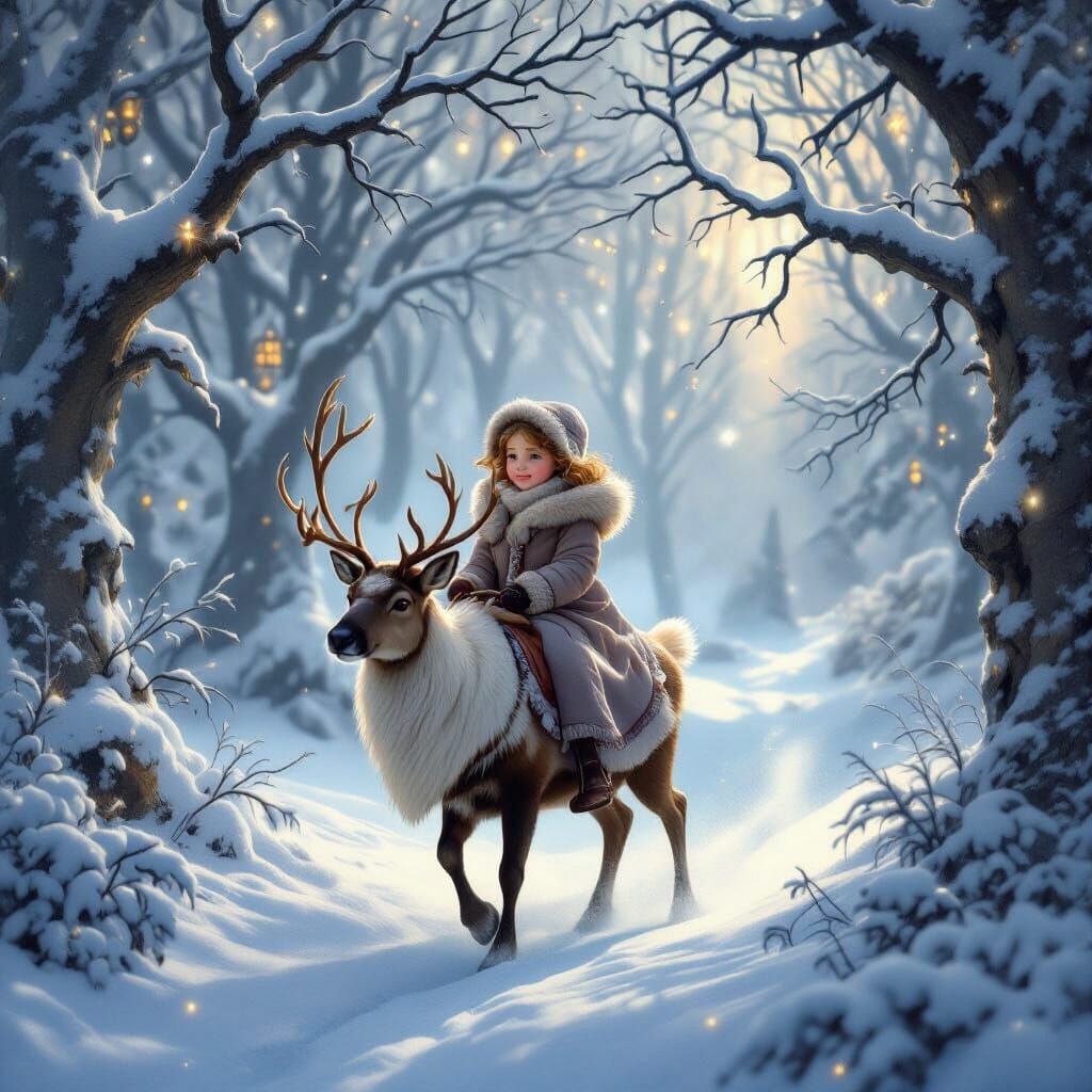 Girl Rides Reindeer in Ethereal Winterwood