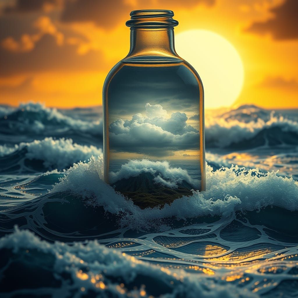 Storm in a Bottle at Sunset: Retro-Futuristic Art