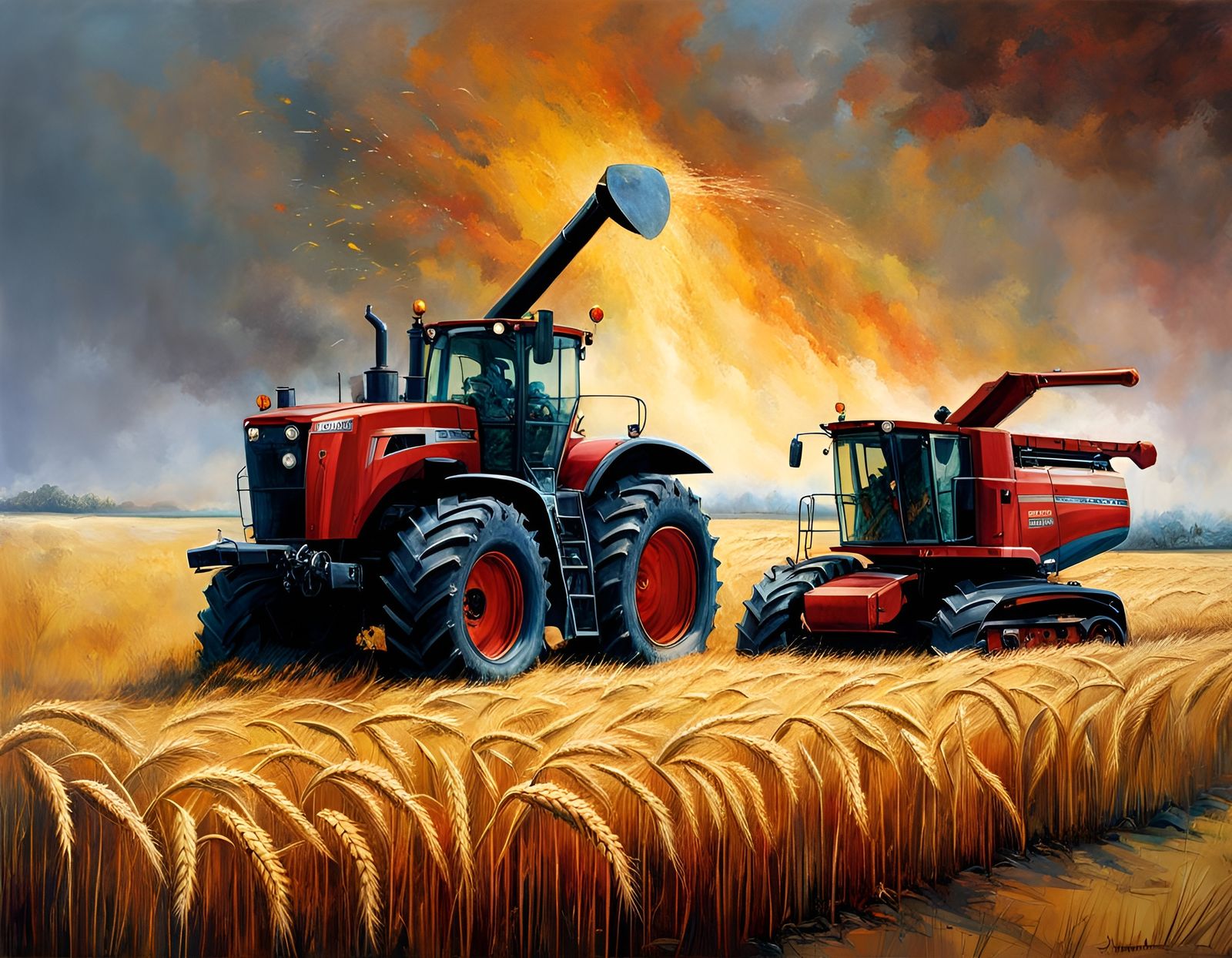 Vintage Thrashing Machines in Autumn Wheat Field