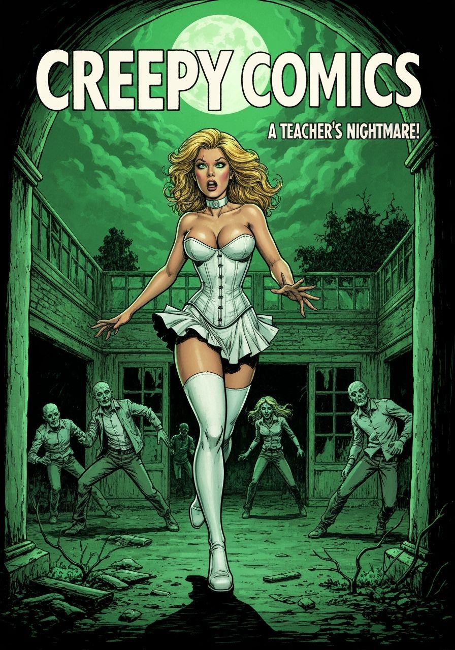 Vintage Horror Cover: Woman Fleeing Ghosts in School