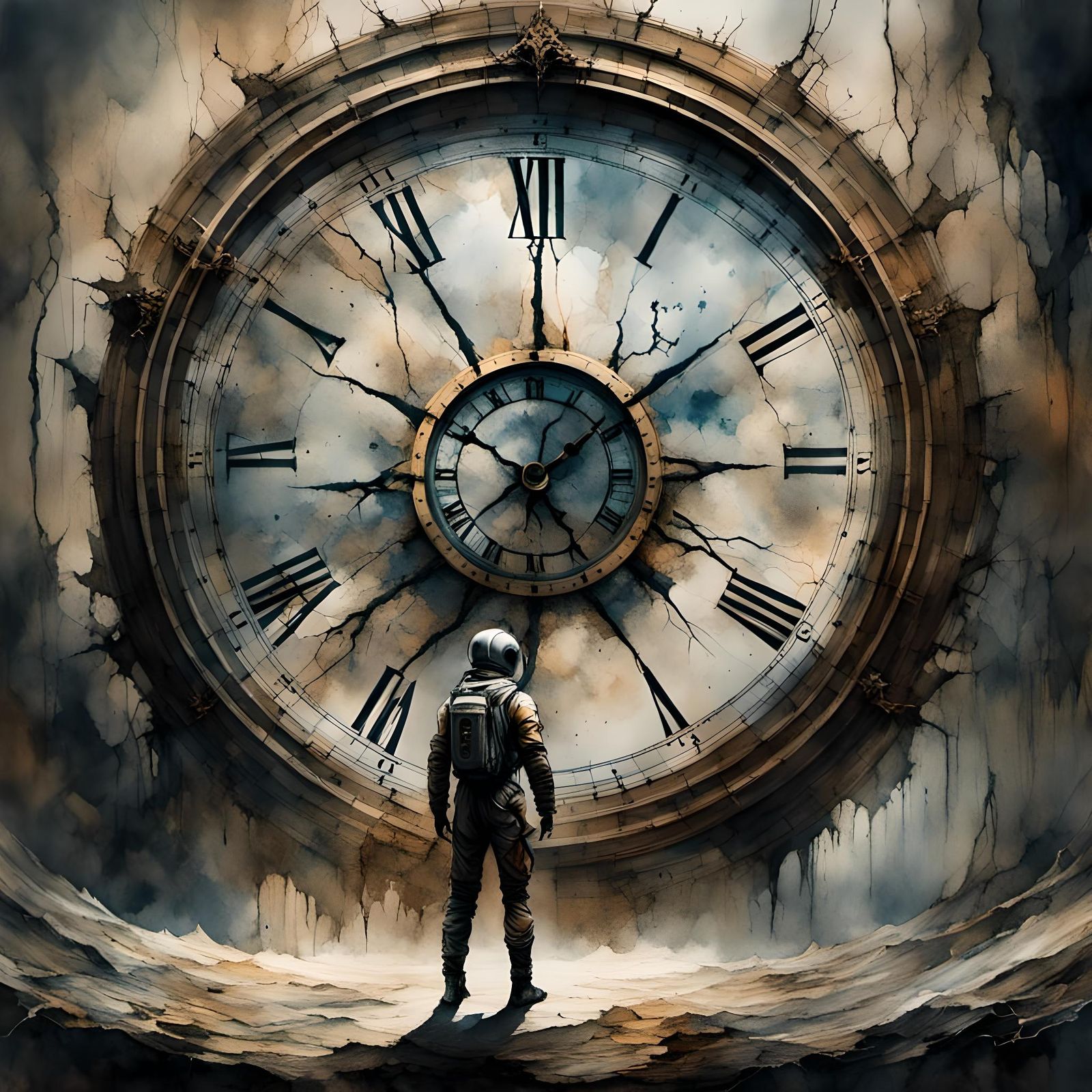 Astronaut and Floating Clock in Dark Style