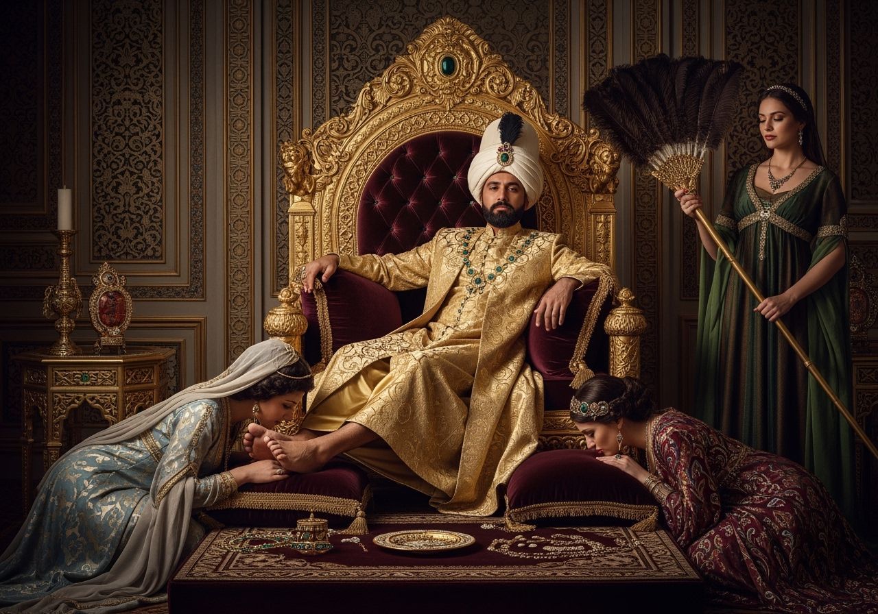 Ottoman Sultan on Gold Throne in Palace Harem